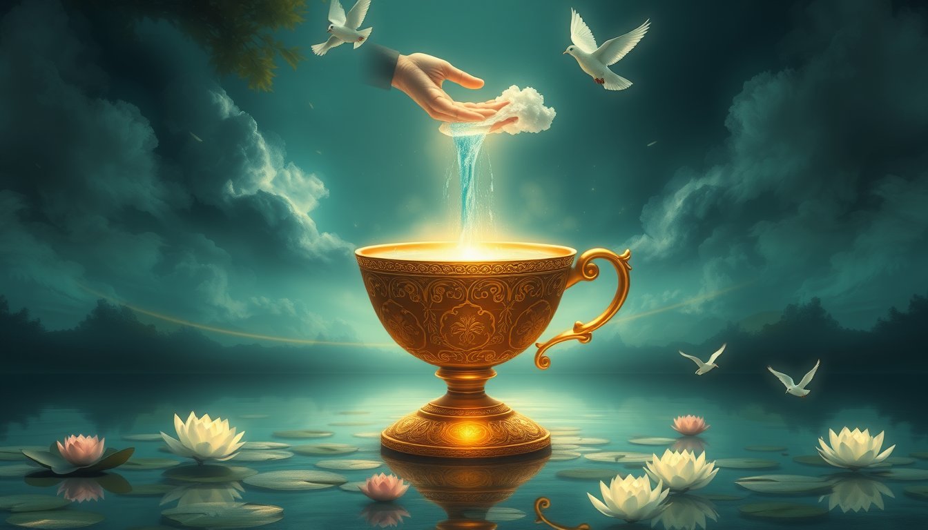 A golden cup overflowing with light and water from an open hand above a still lake — Ace of Cups tarot card, love and emotional beginnings