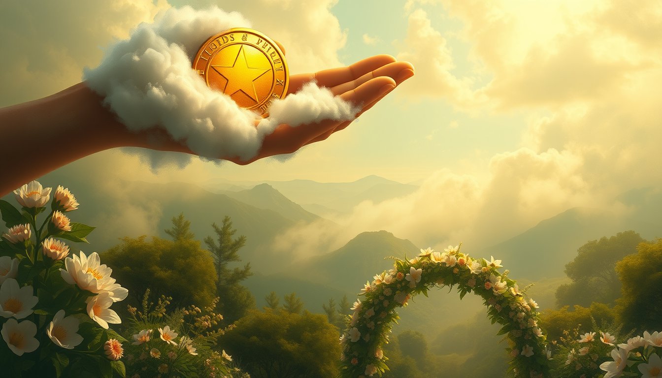 A hand from a cloud holding a golden coin above a blooming garden arch — Ace of Pentacles tarot card, new opportunity and prosperity