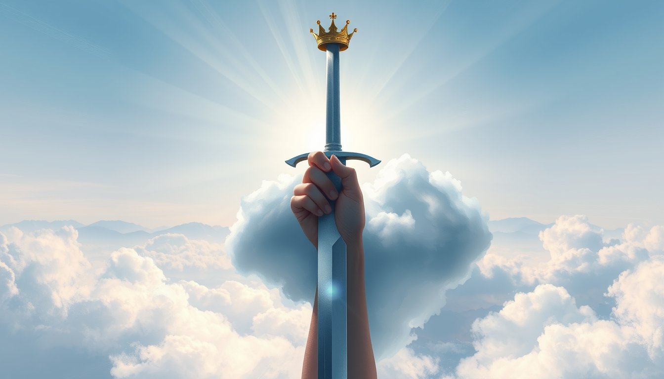 A hand from a cloud holding an upright crowned sword through a bright sky — Ace of Swords tarot card, clarity and truth