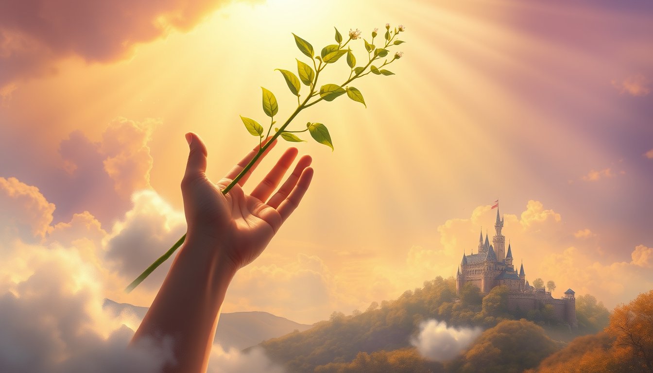 A hand from a cloud holding a flowering staff against a bright sky — Ace of Wands tarot card, inspiration and new passion