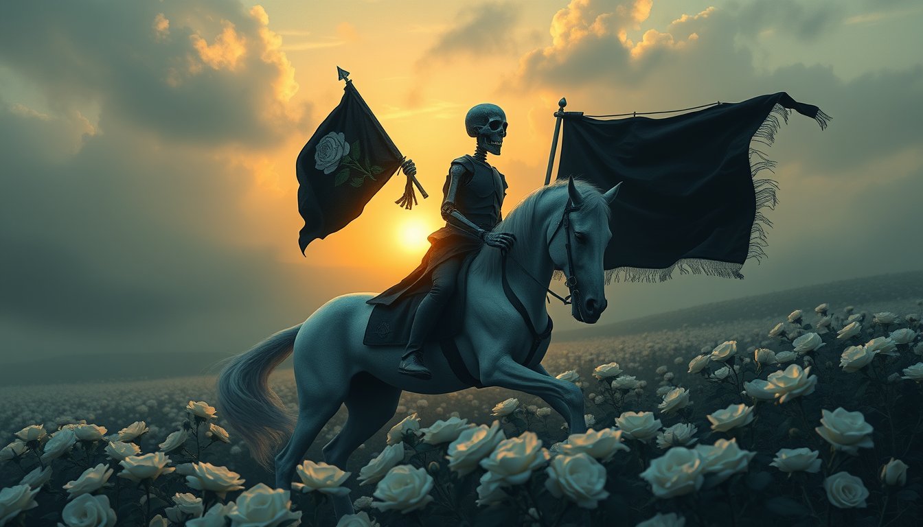 Skeletal rider on a pale horse with a black banner as the sun rises — Death tarot card, endings and transformation