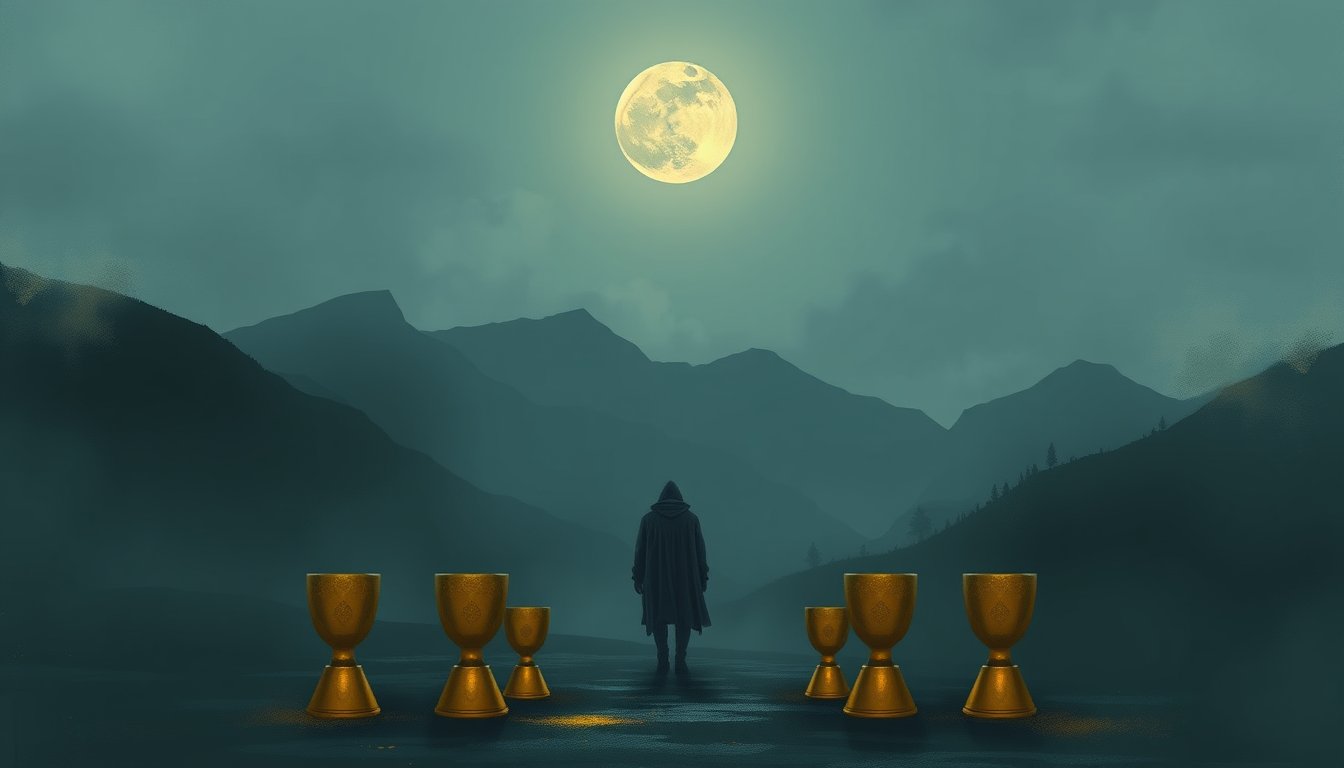 A figure walking away from eight stacked cups toward dark mountains under a moon — Eight of Cups tarot card, walking away and seeking