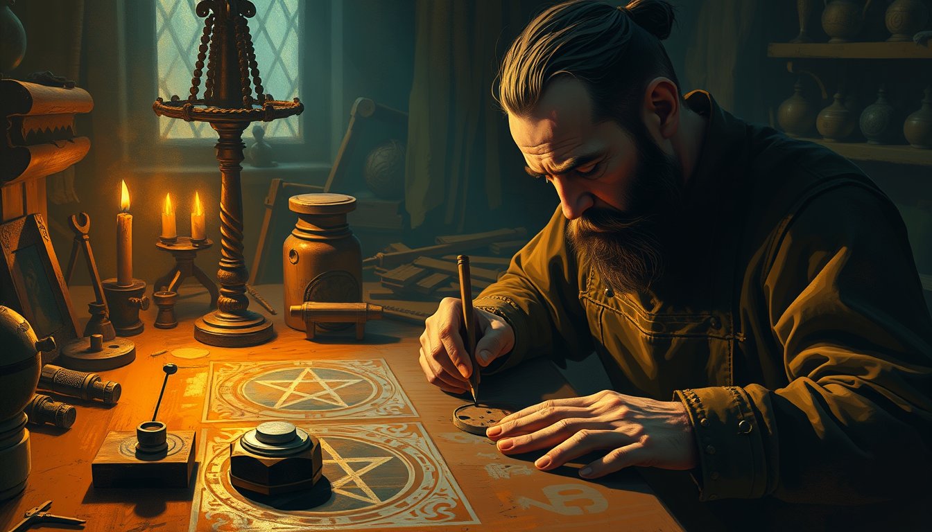 A focused craftsman engraving pentacles in a row, perfecting each one — Eight of Pentacles tarot card, mastery and diligence
