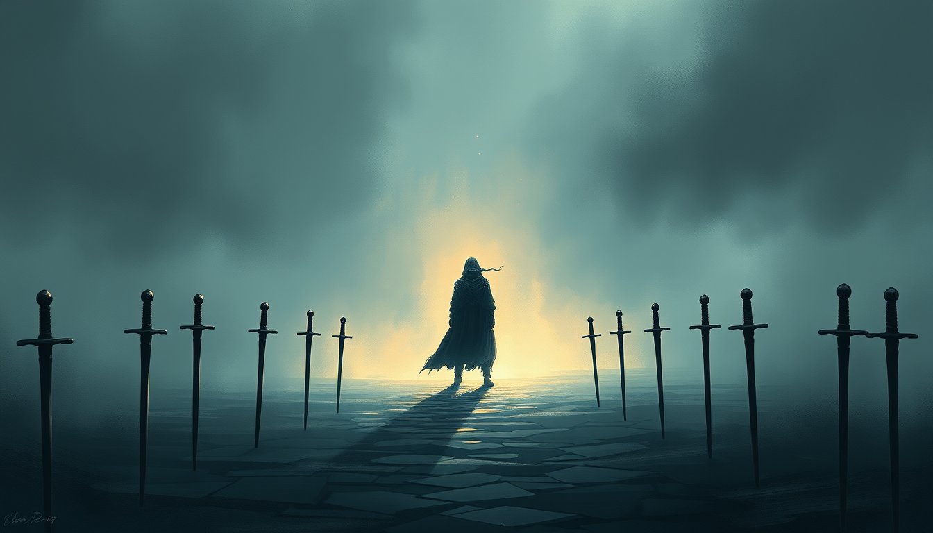 A blindfolded figure bound by eight swords, yet the way ahead is open — Eight of Swords tarot card, feeling trapped