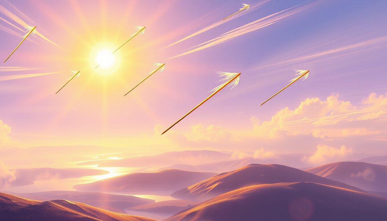 Eight staves flying in swift parallel motion across a bright sky over water — Eight of Wands tarot card, speed and momentum