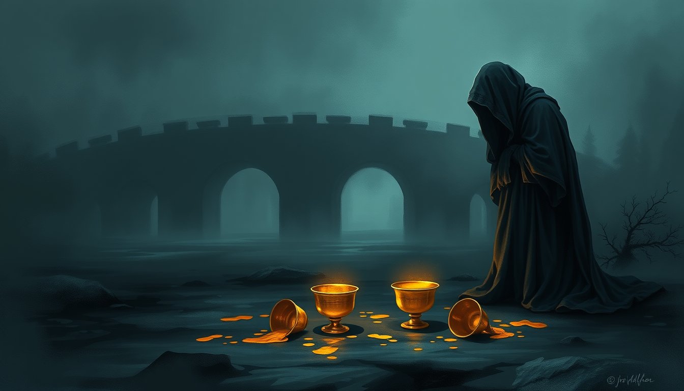 A cloaked figure grieving over three spilled cups while two cups remain standing behind — Five of Cups tarot card, loss and regret