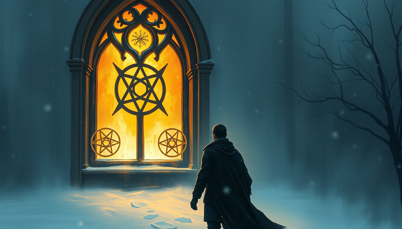 Two figures walking in snow past a warmly lit church window with five pentacles — Five of Pentacles tarot card, hardship and support