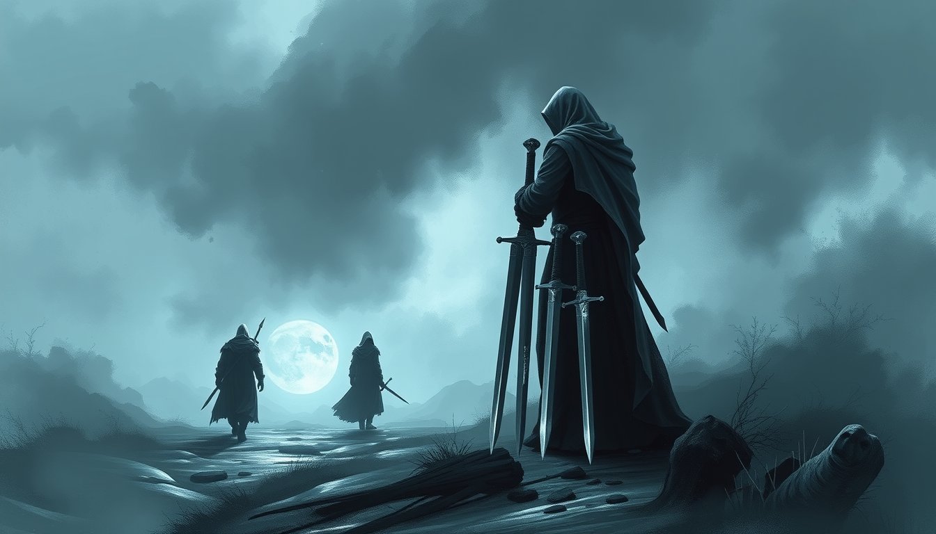 A figure gathering three swords while two defeated figures walk away — Five of Swords tarot card, conflict and hollow victory
