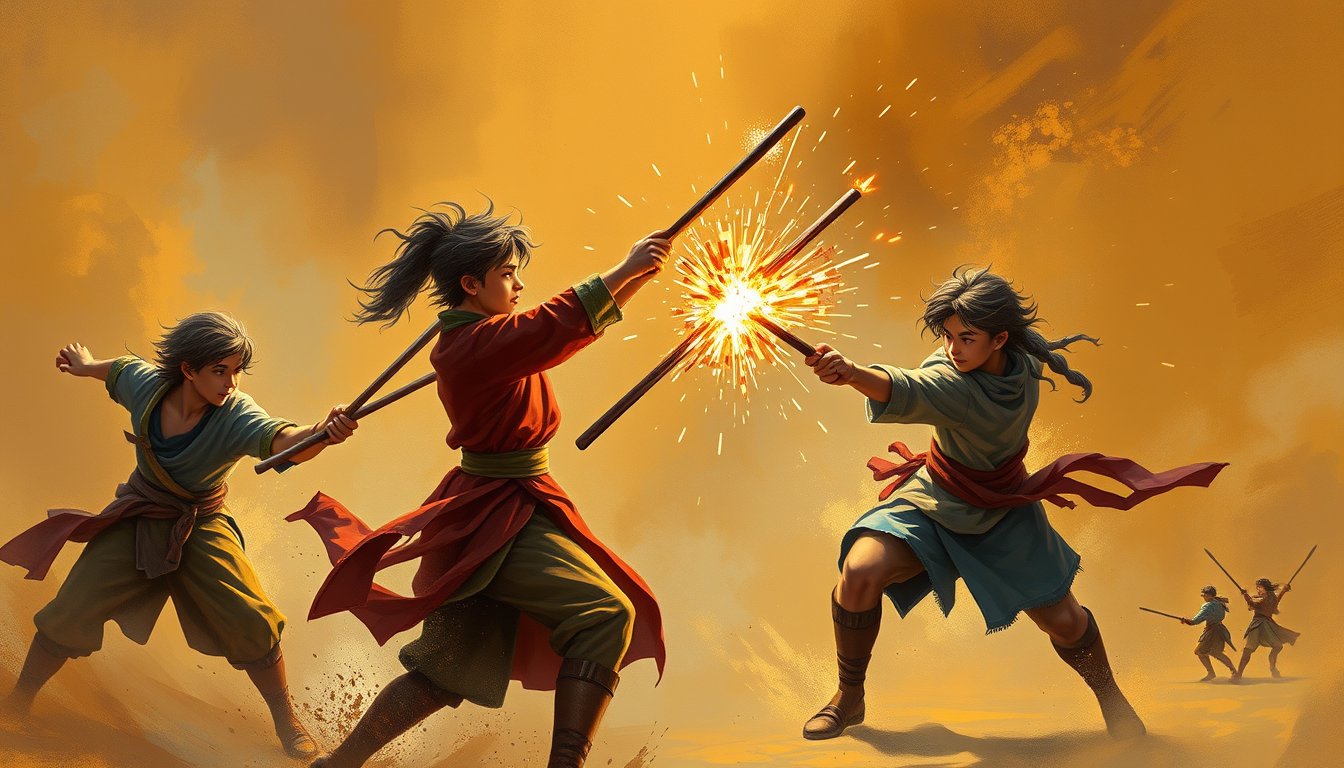 Five youths clashing staves in a lively energetic contest — Five of Wands tarot card, competition and challenge