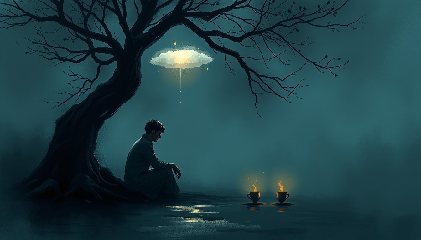 A seated figure staring at three cups while a fourth cup is offered from a cloud — Four of Cups tarot card, apathy and reflection