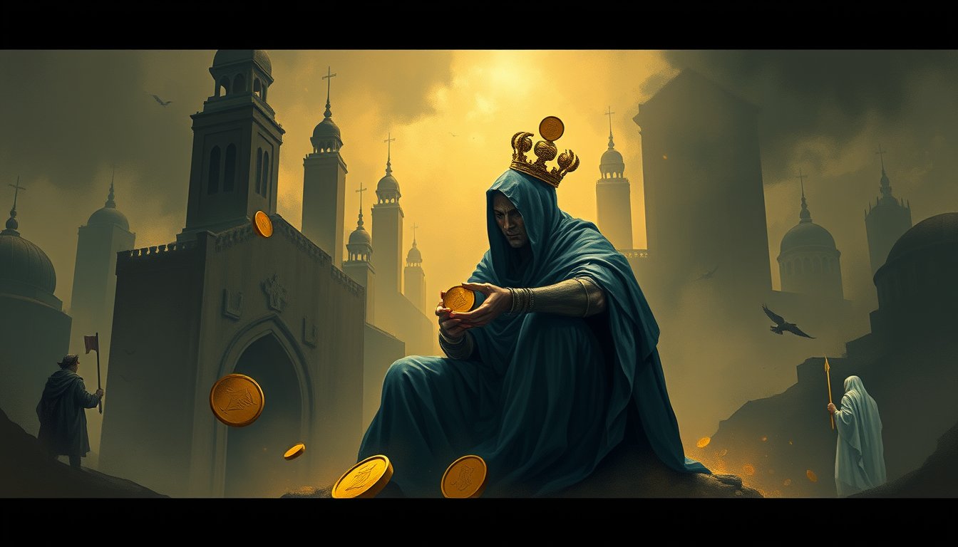 A seated figure clutching a coin with two coins underfoot and one on their crown — Four of Pentacles tarot card, security and holding on