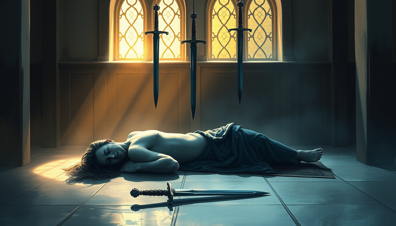 A reclining figure resting in a chapel with three swords above and one beneath — Four of Swords tarot card, rest and recovery