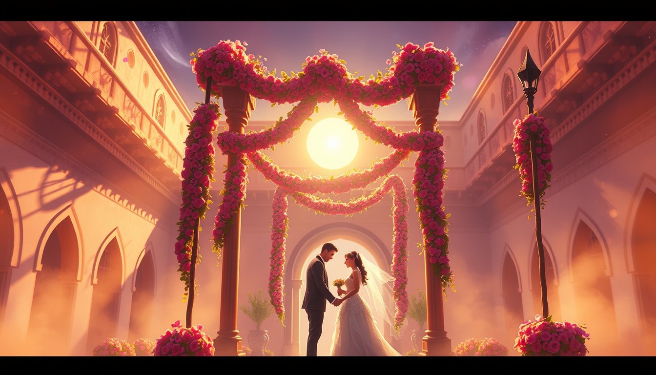 Four staves holding a flower garland canopy over a celebrating couple — Four of Wands tarot card, homecoming and celebration