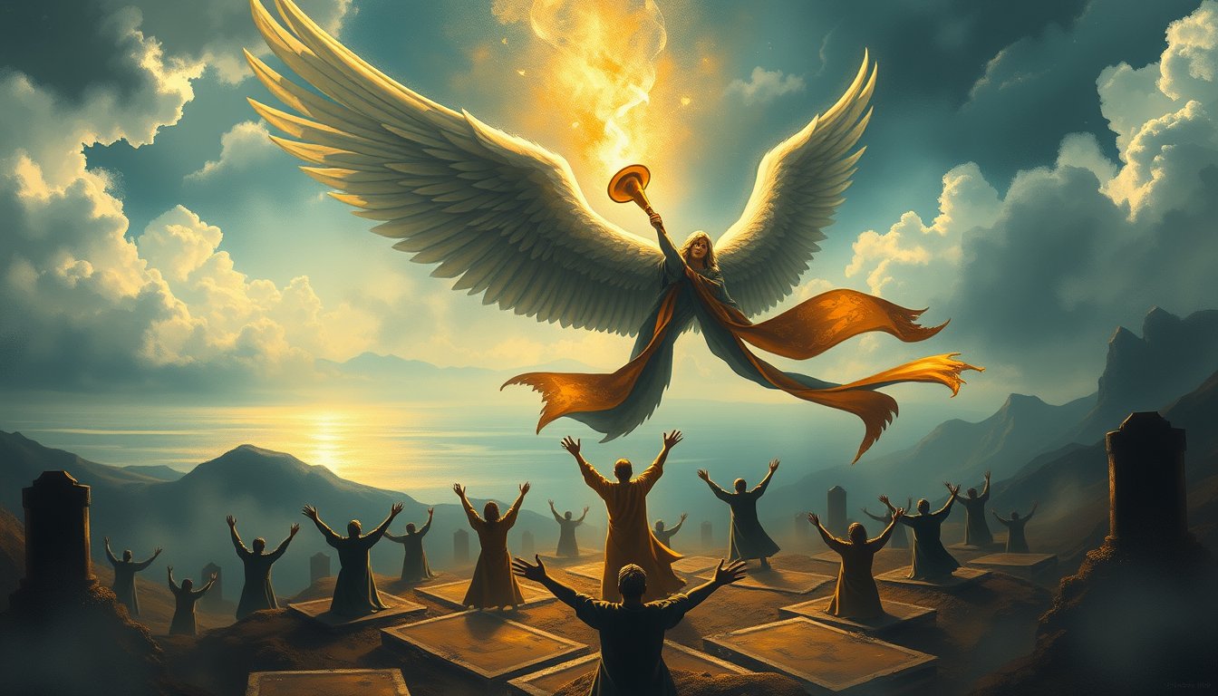 Great angel blowing a golden trumpet as figures rise below — Judgement tarot card, awakening and renewal