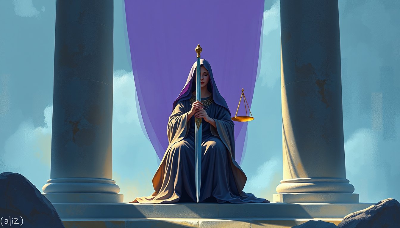 Poised figure in robes holding an upright sword and golden scales — Justice tarot card, fairness and truth