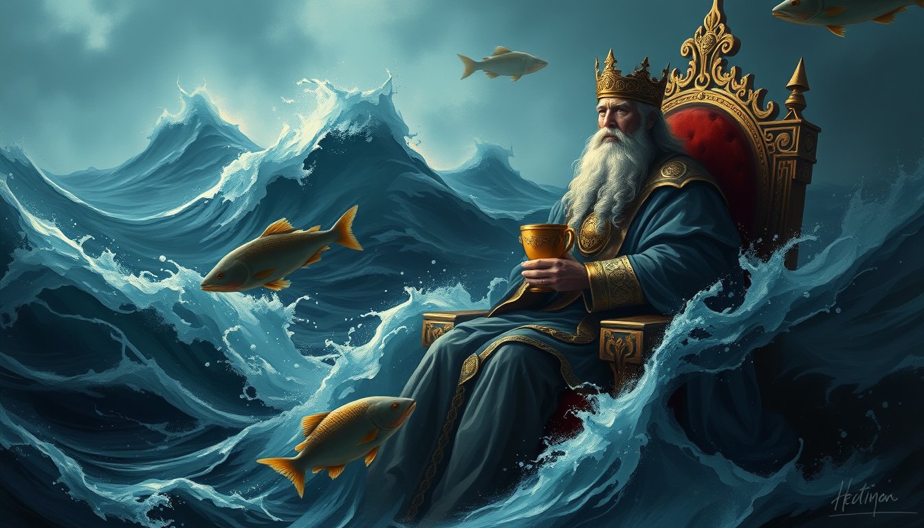 A wise king on a throne amid stormy seas holding a golden cup steady — King of Cups tarot card, emotional mastery and balance