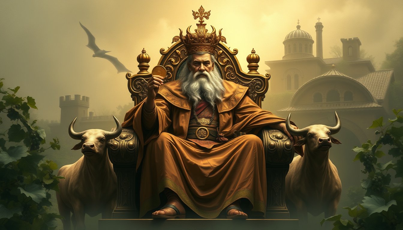A prosperous king on a throne of bulls and vines holding a golden coin — King of Pentacles tarot card, wealth and stability