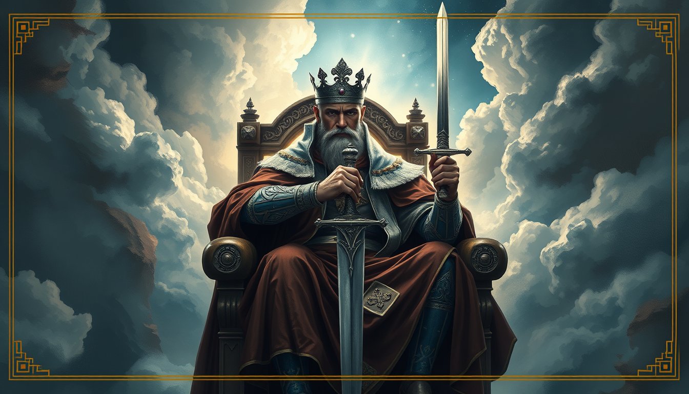 A commanding king on a throne holding an upright sword, stormy sky clearing — King of Swords tarot card, authority and intellect