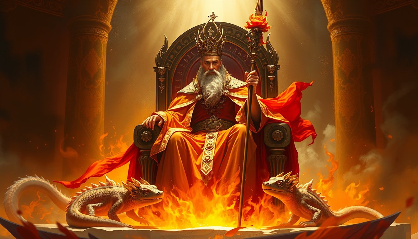 A regal king with a flowering staff and salamanders, fiery vision ahead — King of Wands tarot card, leadership and vision