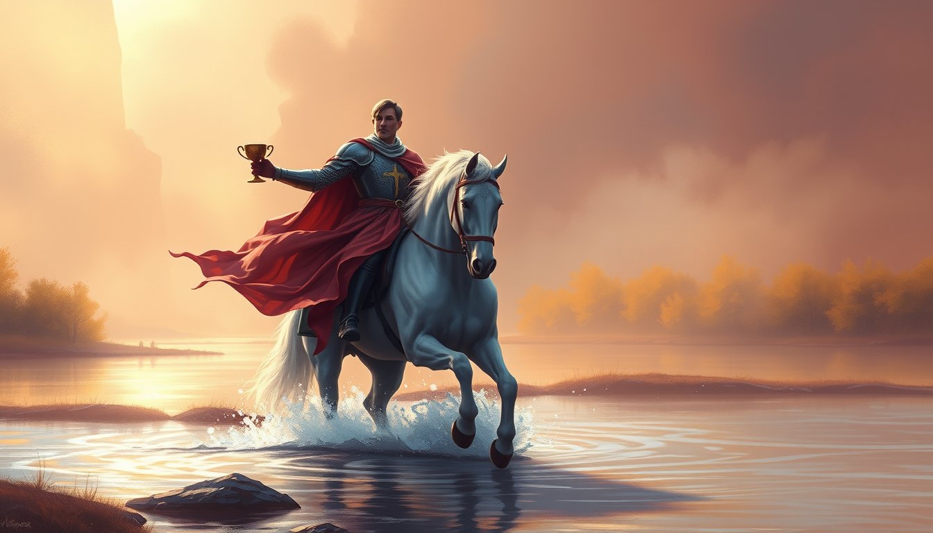 A romantic knight on a white horse offering a golden cup across a river — Knight of Cups tarot card, romance and idealism