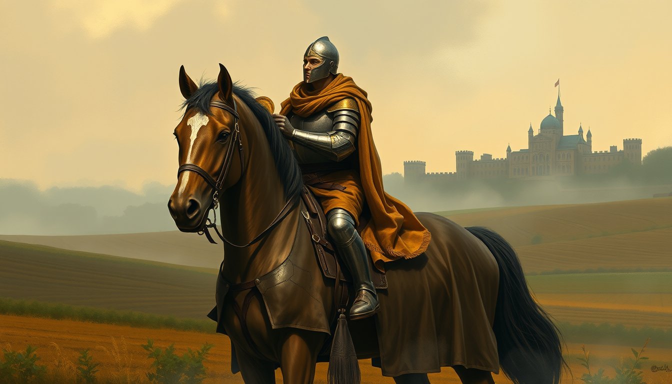 A steady knight on a calm horse holding a golden coin, fields around — Knight of Pentacles tarot card, reliability and patience