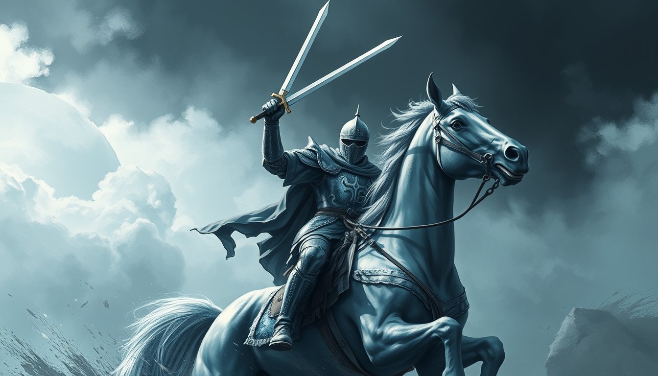 A knight charging on a swift horse with sword raised through storm clouds — Knight of Swords tarot card, speed and directness