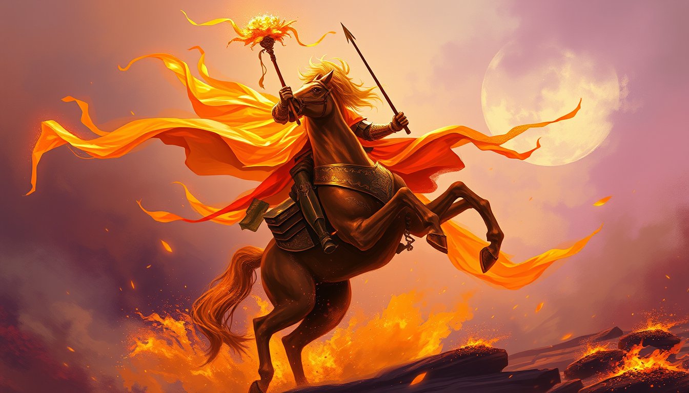 A fiery knight on a rearing horse charging with a flowering staff — Knight of Wands tarot card, passion and adventure