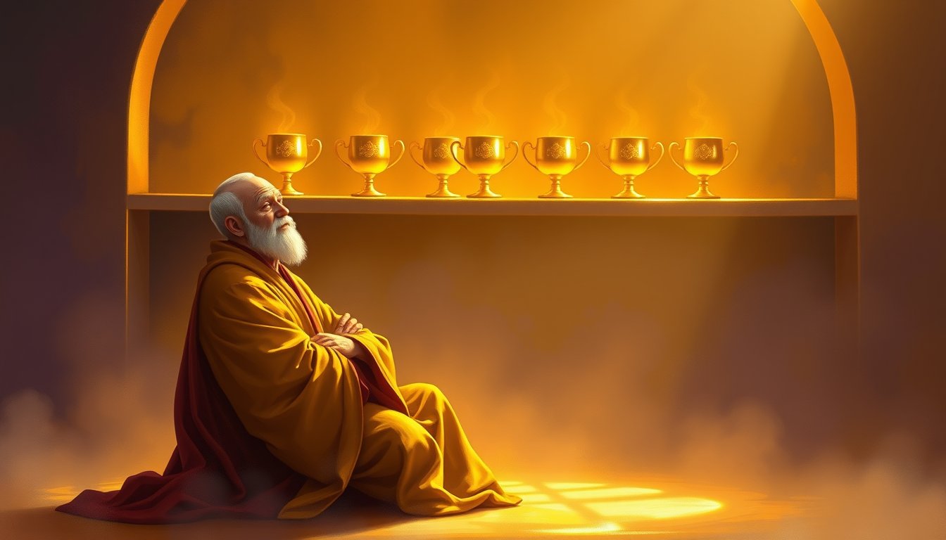 A contented figure seated before a row of nine golden cups with arms crossed — Nine of Cups tarot card, wishes fulfilled