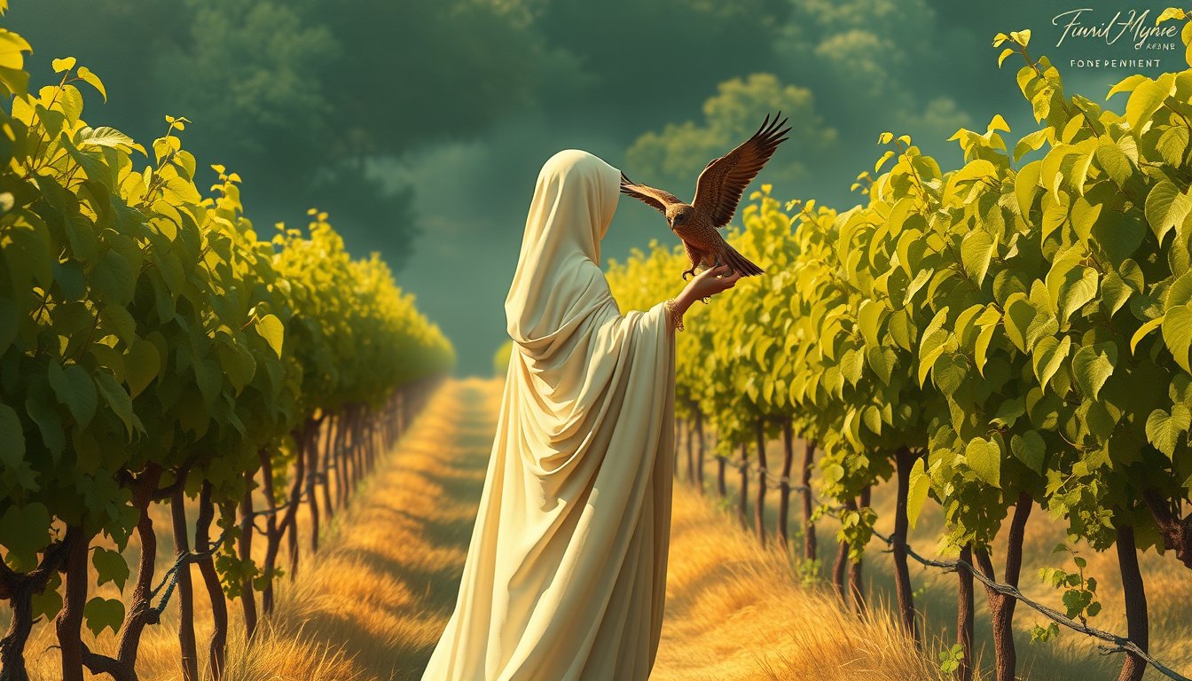 An elegant figure in a vineyard garden with a falcon and nine pentacles — Nine of Pentacles tarot card, independence and refinement