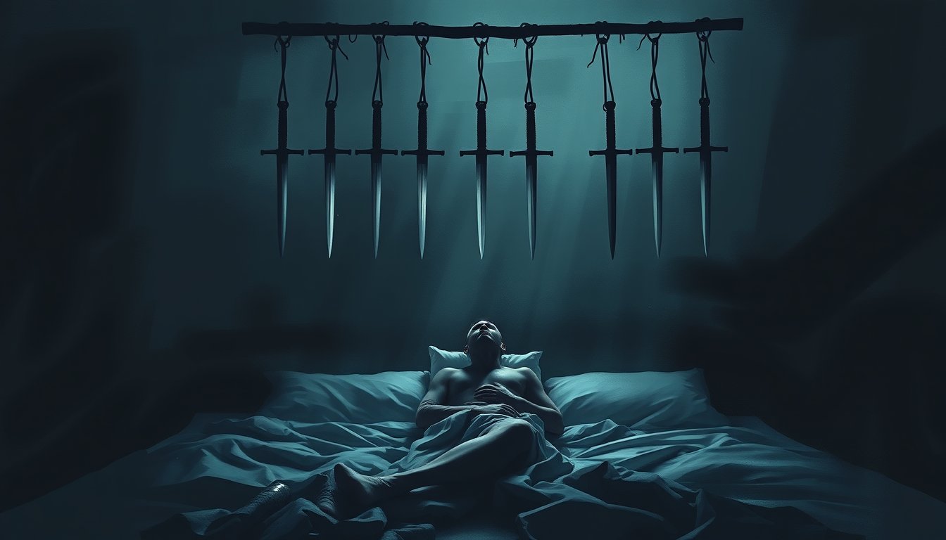 A sleepless figure sitting up in bed with nine swords hung above — Nine of Swords tarot card, anxiety and worry
