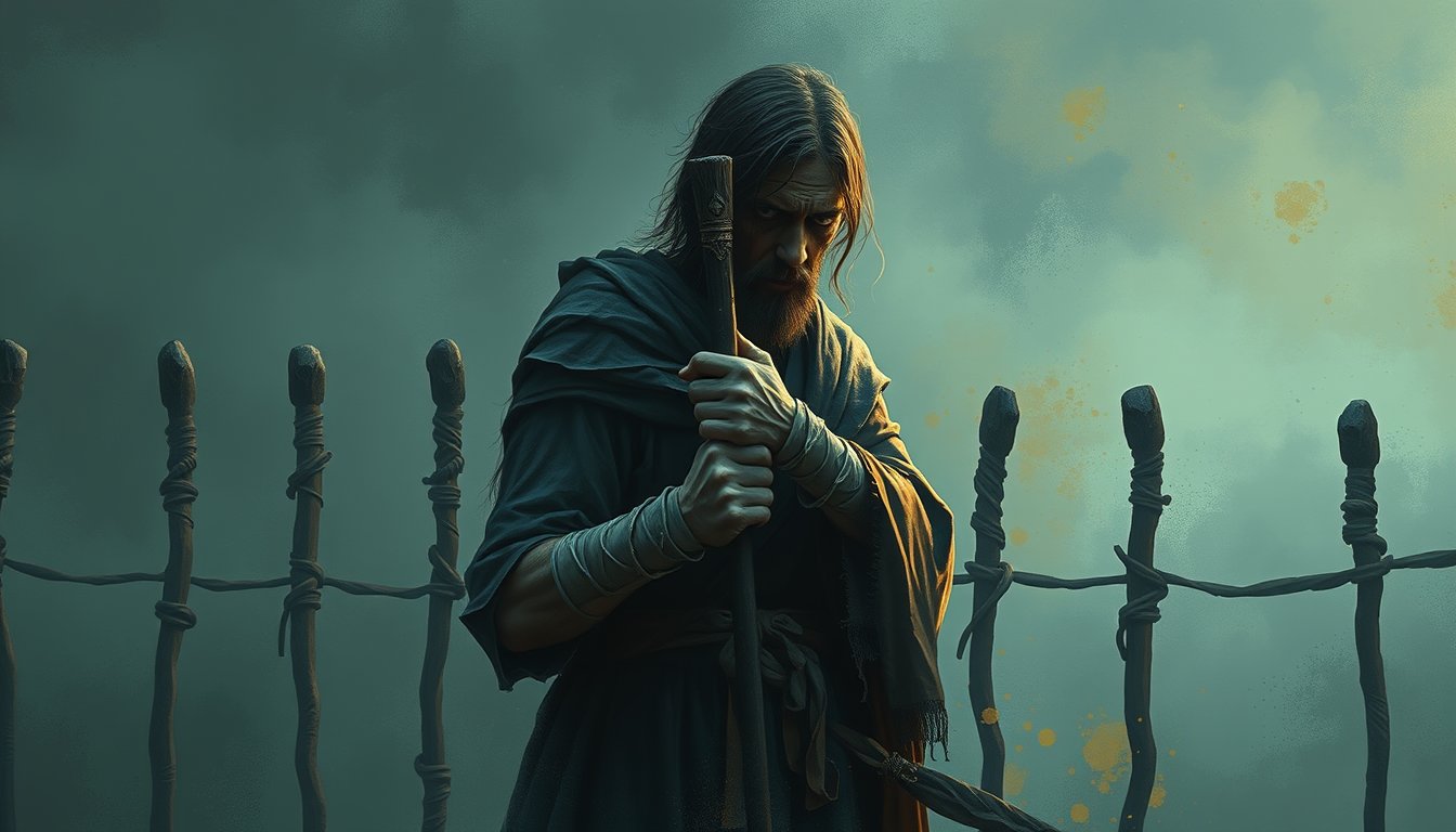 A weary but resilient figure holding a staff before a fence of eight staves — Nine of Wands tarot card, perseverance and resilience