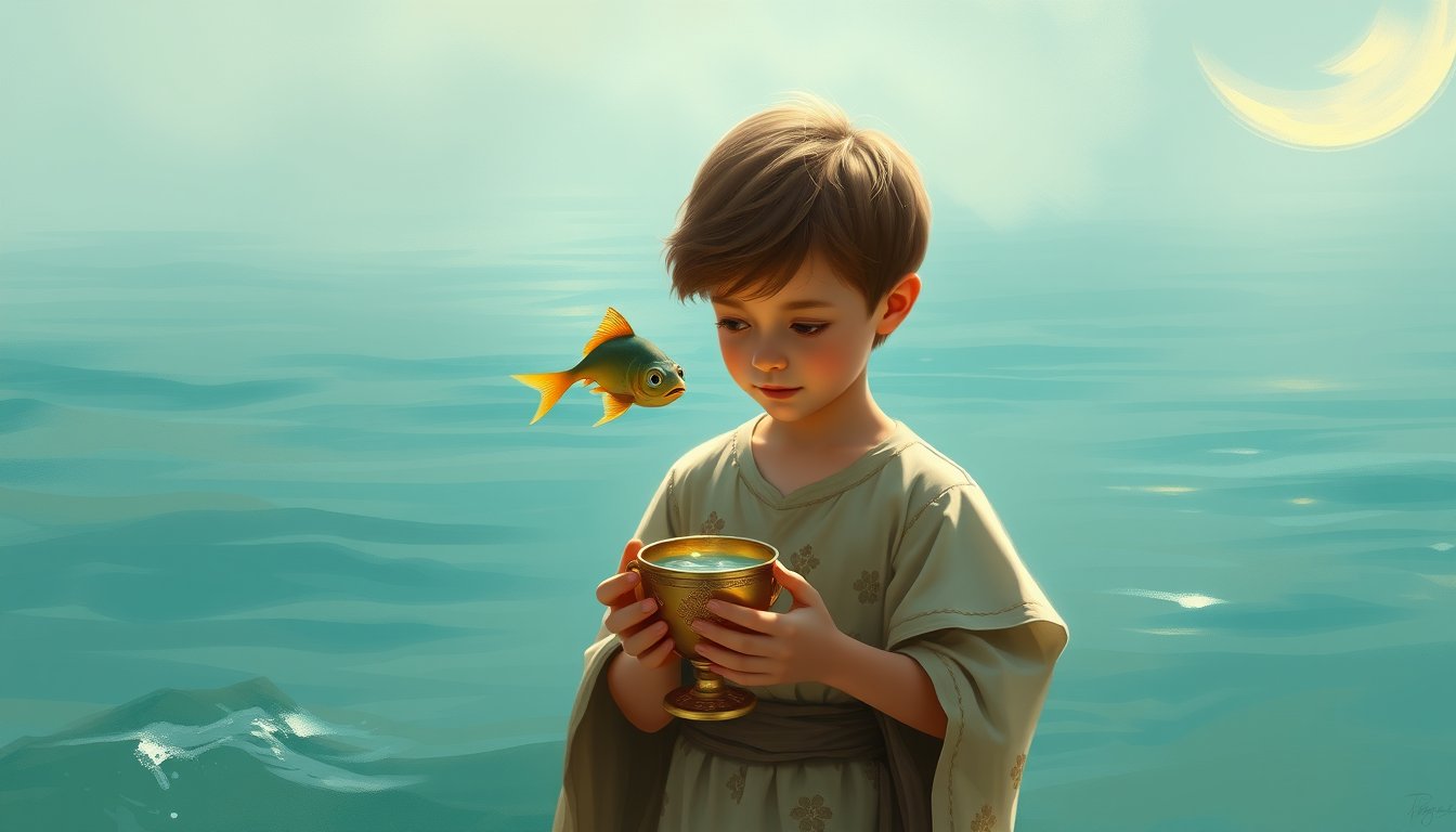 A young figure in a flowered tunic gazing at a fish leaping from a golden cup — Page of Cups tarot card, curiosity and creative messages