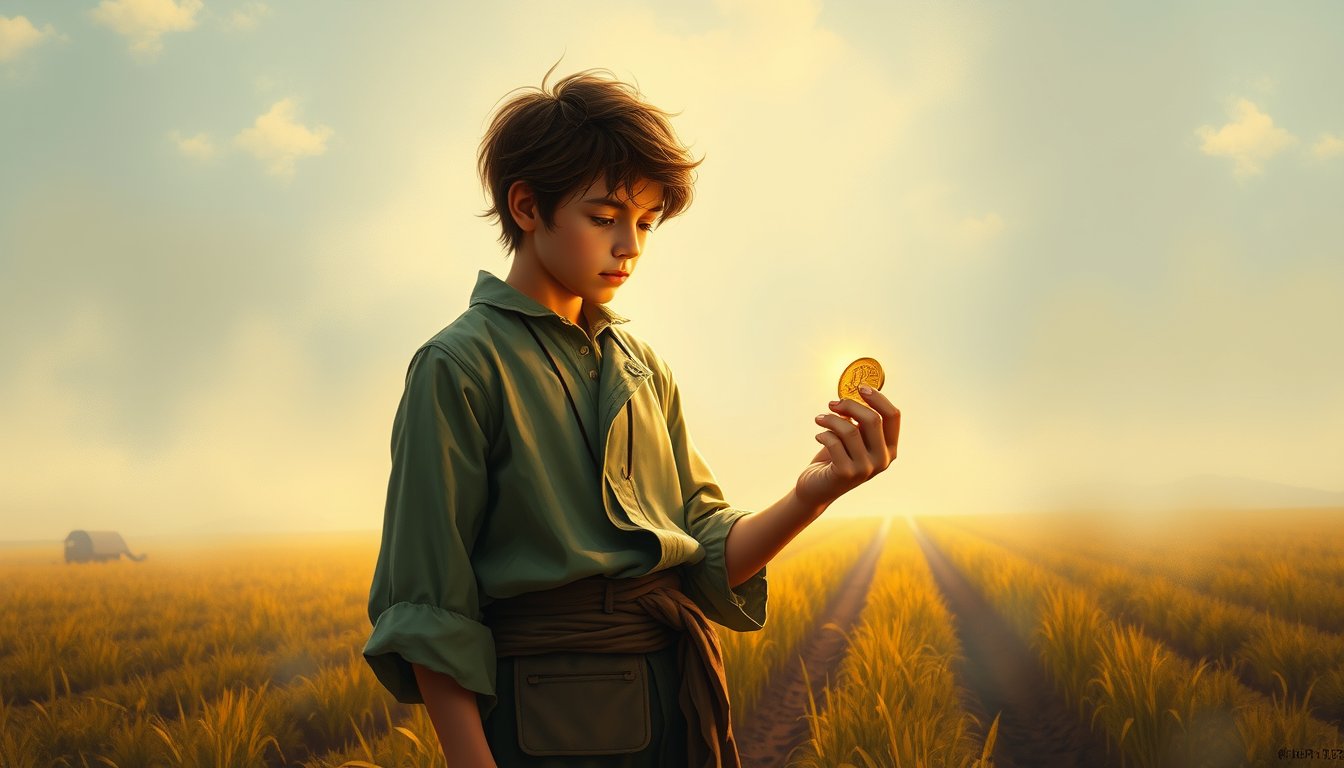 A young scholar in a field holding a golden coin, studying it with focus — Page of Pentacles tarot card, ambition and study