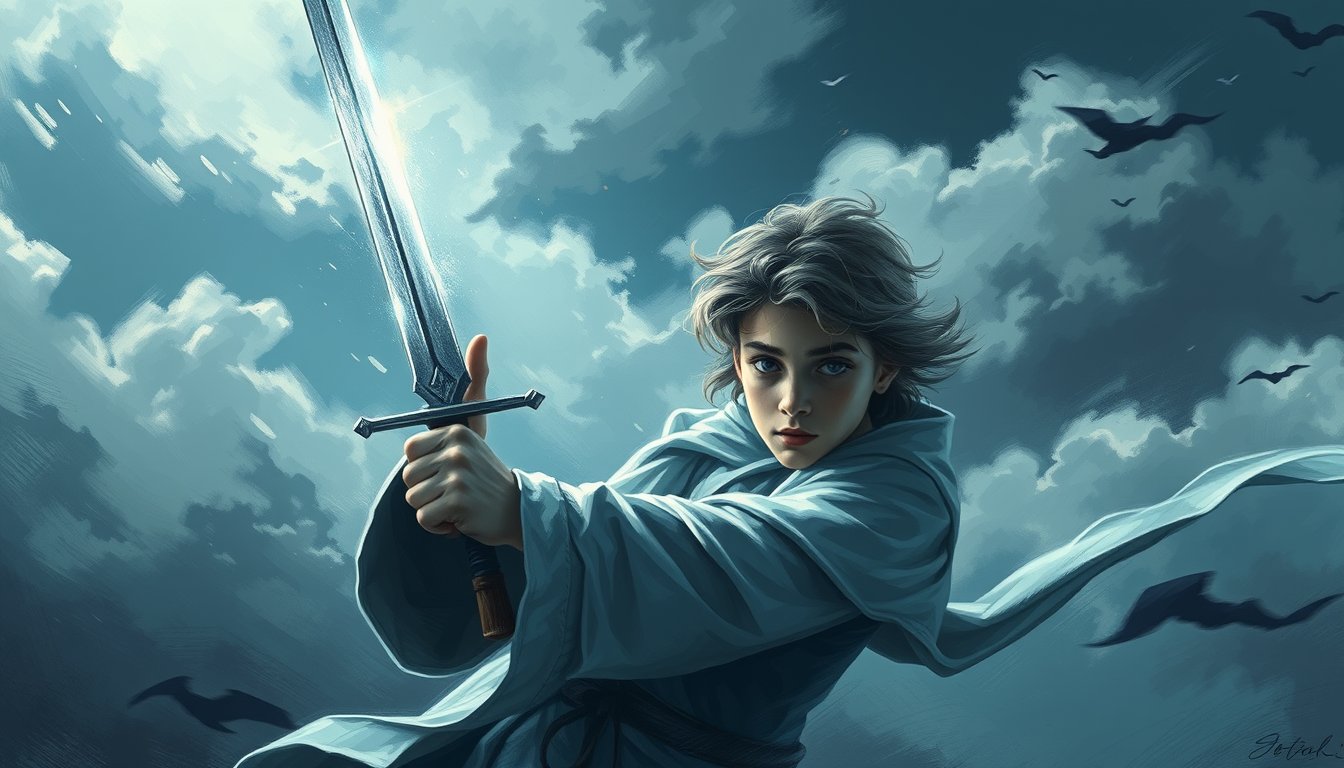 A sharp-eyed youth holding a sword up against a wind-swept sky — Page of Swords tarot card, curiosity and vigilance