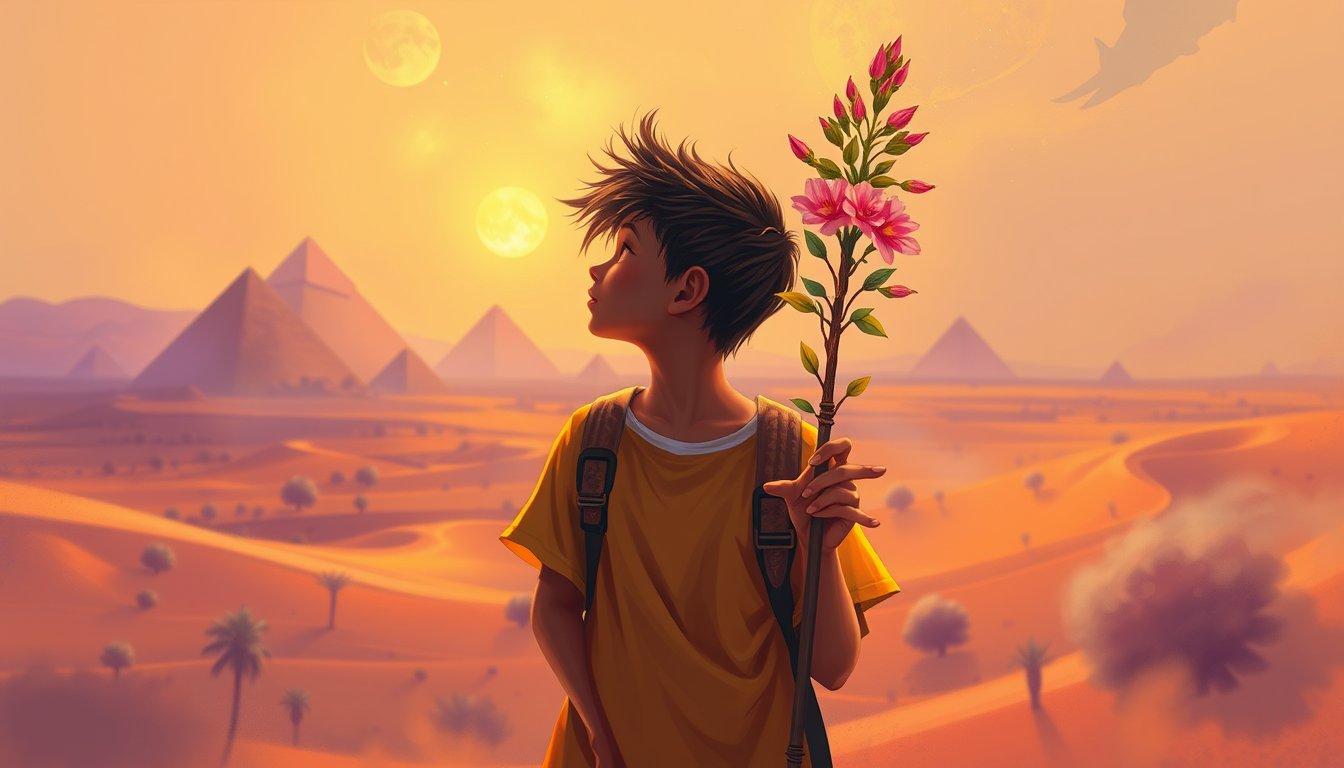 A young explorer gazing at a flowering staff in a bright desert landscape — Page of Wands tarot card, enthusiasm and discovery