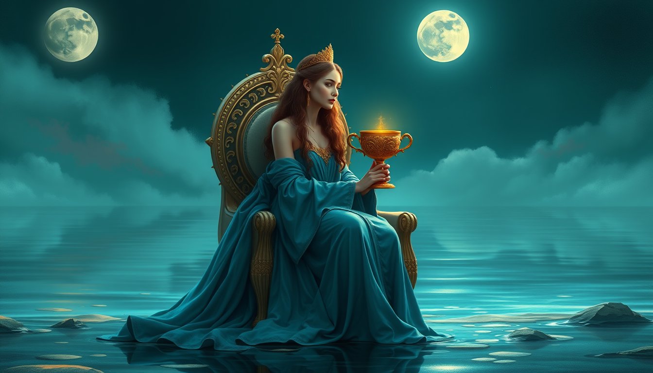 A serene queen on a throne by the sea holding an ornate cup, calm waters around — Queen of Cups tarot card, intuition and compassion