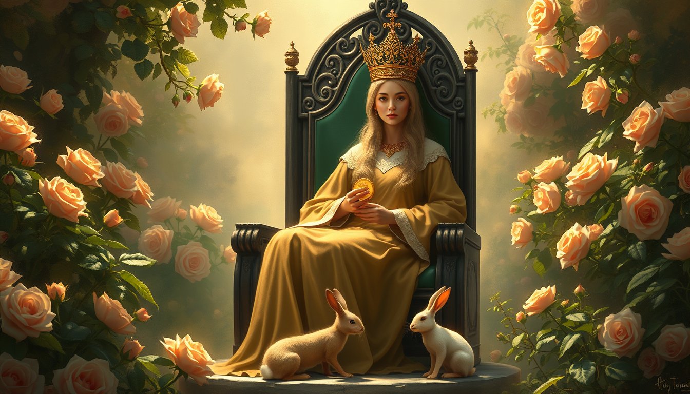 A nurturing queen on a garden throne holding a golden coin in a rose garden — Queen of Pentacles tarot card, nurturing and practicality