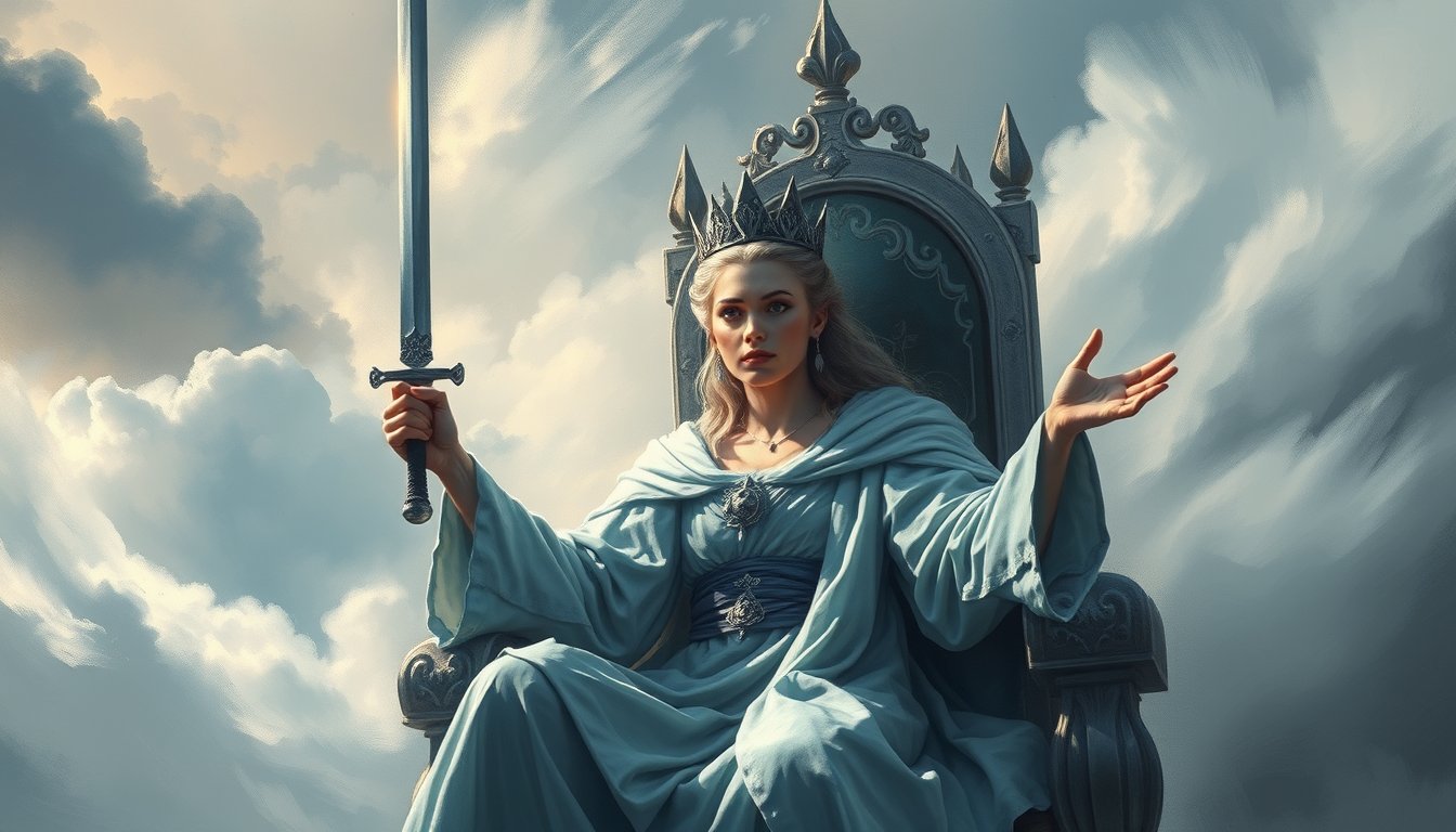 A clear-eyed queen on a throne raising a sword in one hand, clouds around — Queen of Swords tarot card, clarity and honesty