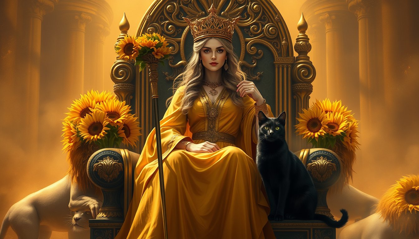 A confident queen on a throne holding a sunflower and a staff with a black cat — Queen of Wands tarot card, confidence and magnetism