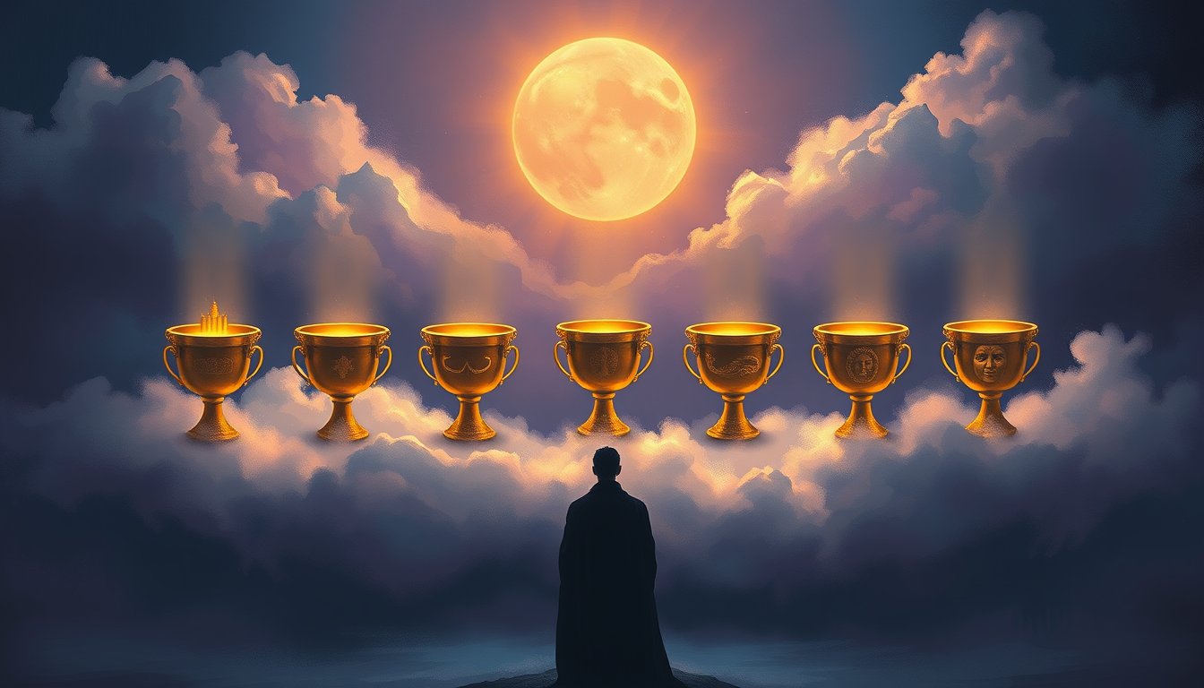A silhouette before seven cups on a cloud each holding different visions — Seven of Cups tarot card, choices and illusion