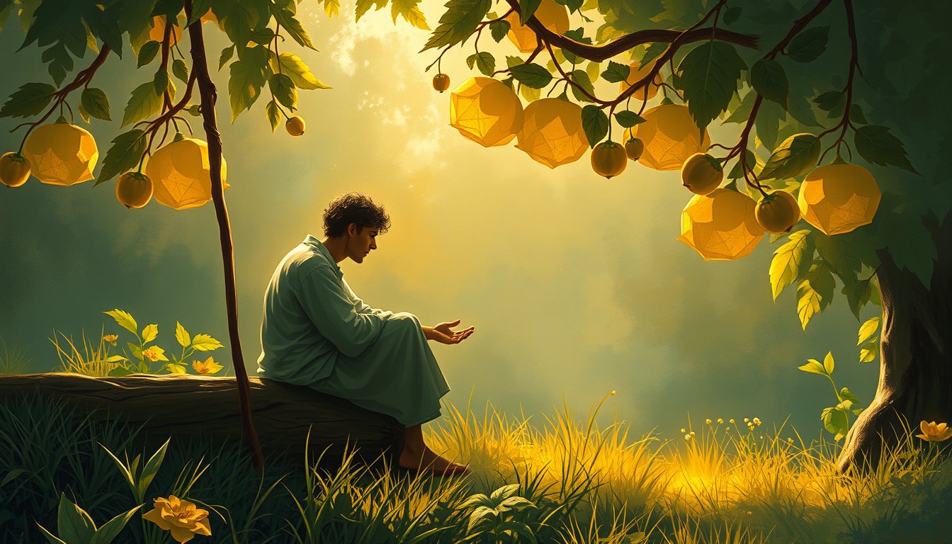 A gardener resting on a staff, gazing at seven pentacles growing on a vine — Seven of Pentacles tarot card, patience and harvest