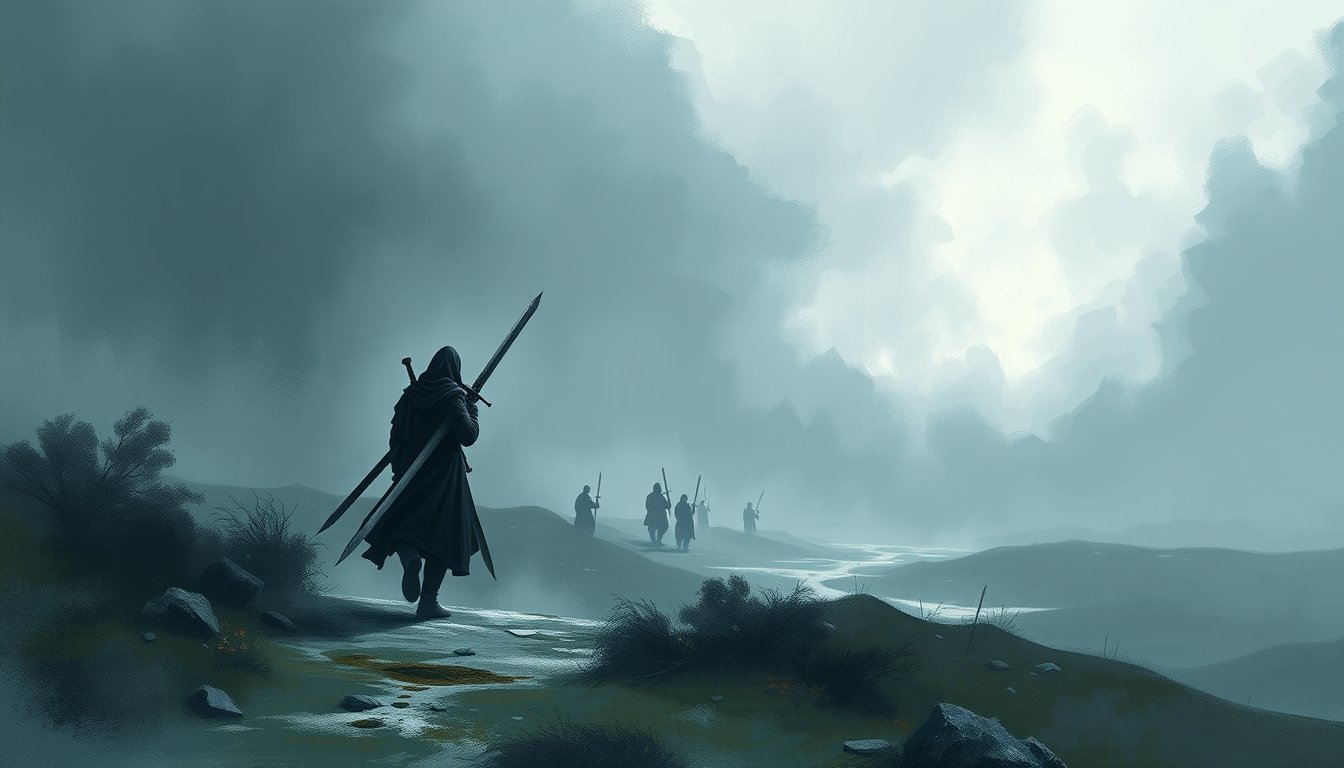 A figure tiptoeing away with five swords while two remain behind — Seven of Swords tarot card, strategy and deception