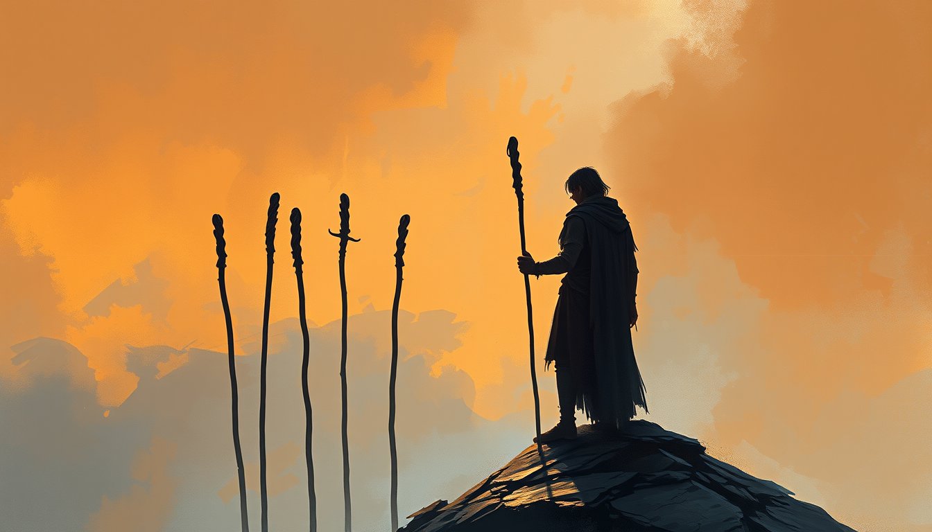 A figure on high ground fending off six staves rising from below — Seven of Wands tarot card, defending your position