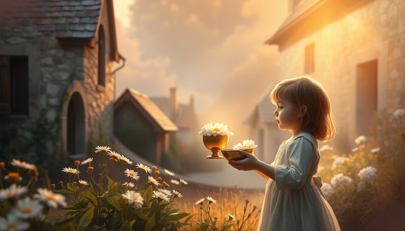A child offering a golden cup filled with white flowers to another child — Six of Cups tarot card, nostalgia and innocence