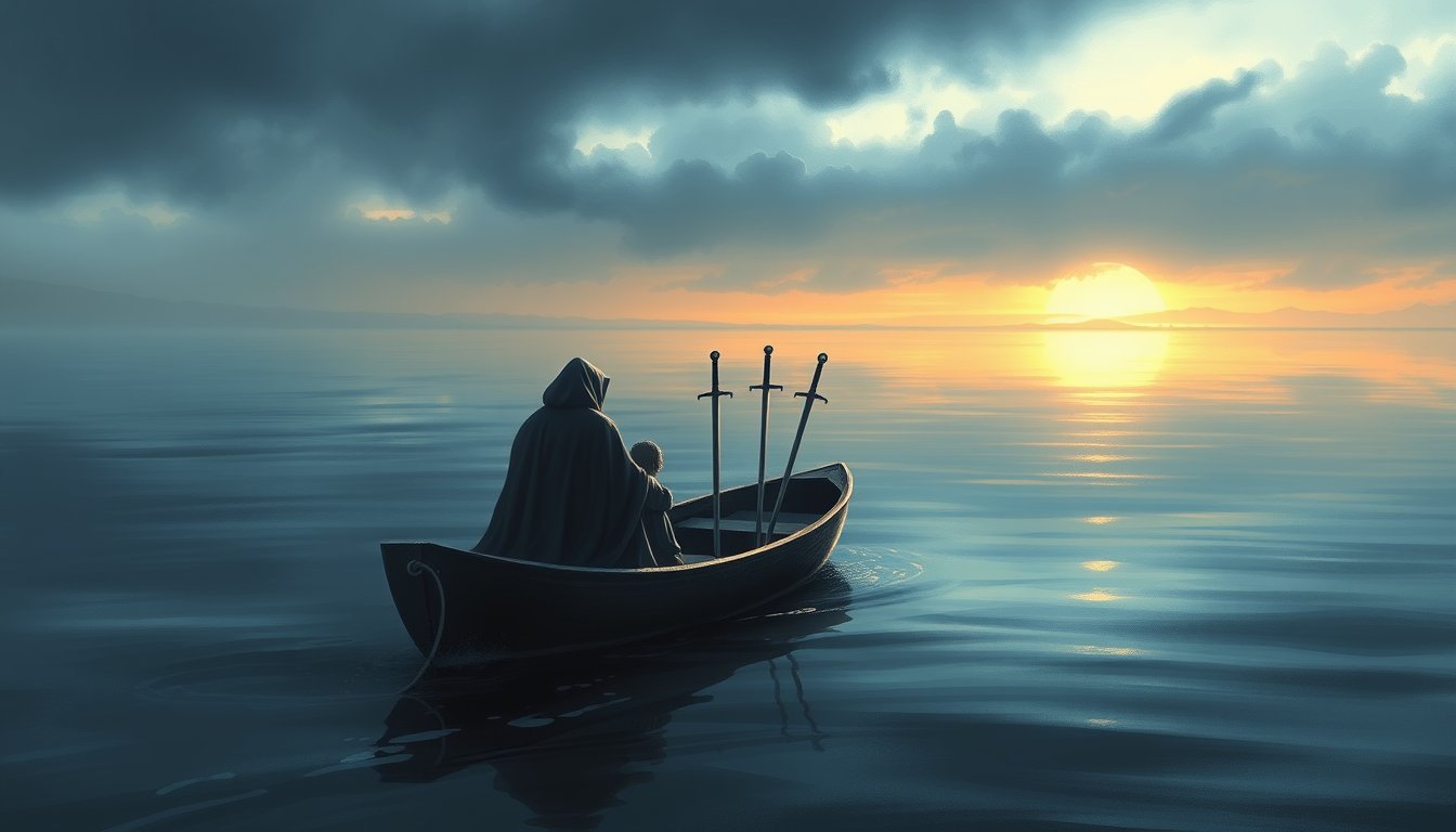A ferryman rowing a figure across calm water toward a distant shore — Six of Swords tarot card, transition and moving on