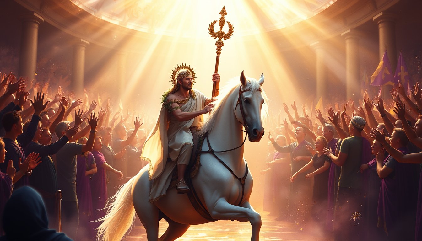 A triumphant rider carrying a laurel-wreathed staff before a cheering crowd — Six of Wands tarot card, victory and recognition