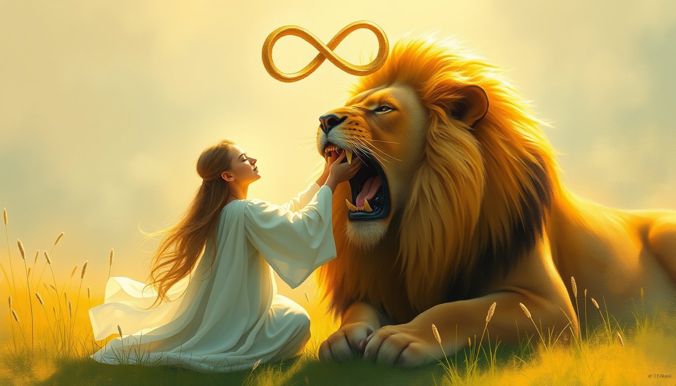 Gentle woman calmly closing the jaws of a great lion — Strength tarot card, courage and inner power