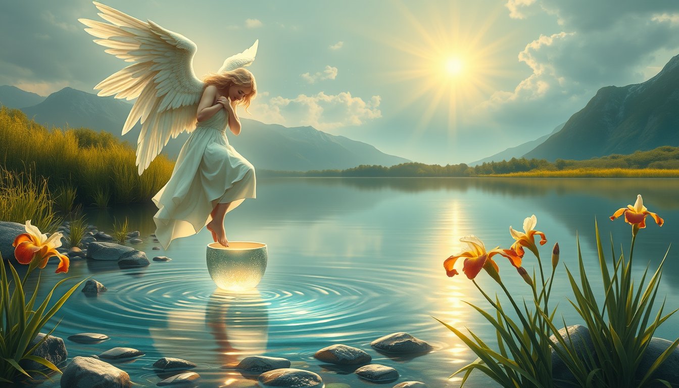 Winged angel pouring glowing water between two cups beside a stream — Temperance tarot card, balance and healing