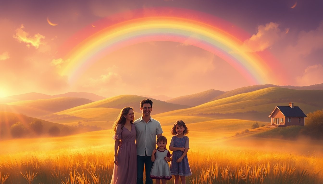 A family under a rainbow arching over ten golden cups and a green home — Ten of Cups tarot card, family joy and harmony