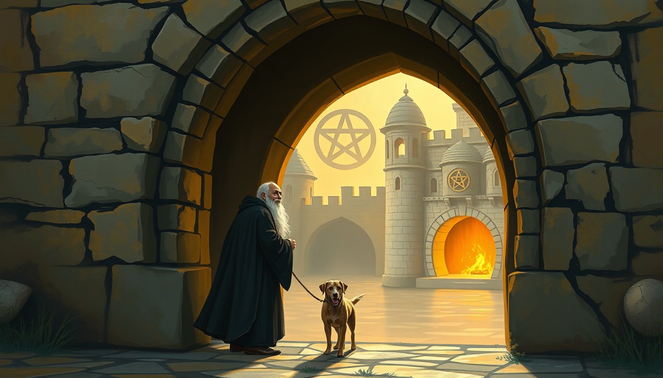 An elder with a dog before an archway of ten pentacles and a prosperous estate — Ten of Pentacles tarot card, legacy and family wealth